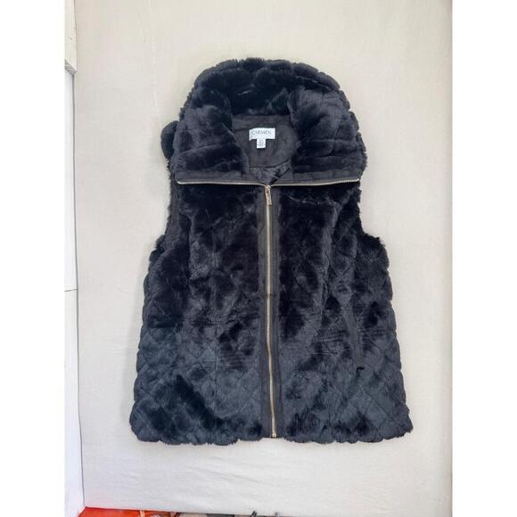CARMEN Faux Fur Vest Womens Size S/P Black Quilted Zip Up High Collar Cozy Soft - Picture 3 of 9